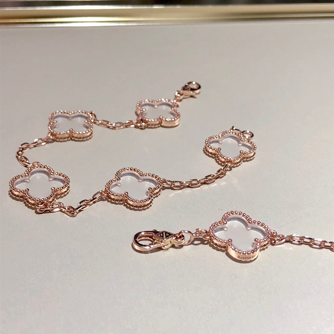 [BloomBling]CLOVER 5 MOTIF ROCK CRYSTAL PINK GOLD BRACELET