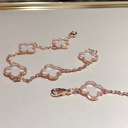 [BloomBling]CLOVER 5 MOTIF ROCK CRYSTAL PINK GOLD BRACELET