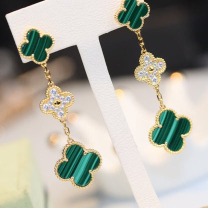 [BloomBling]CLOVER EARRINGS GOLD MALACHITE DIAMOND 3 MOTIF