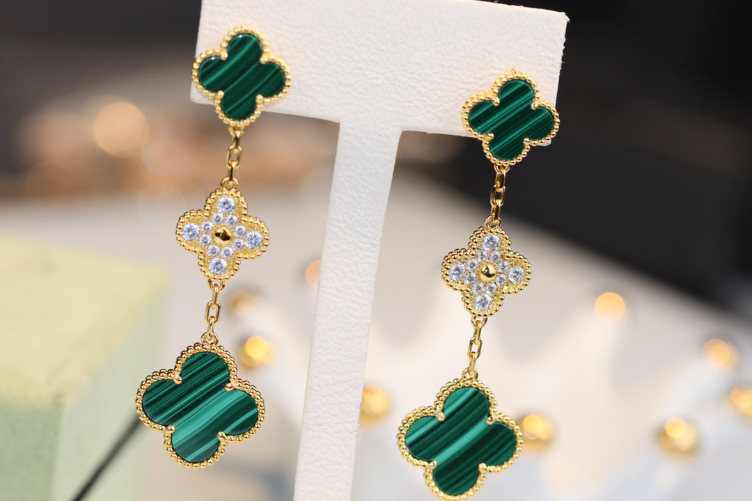 [BloomBling]CLOVER EARRINGS GOLD MALACHITE DIAMOND 3 MOTIF
