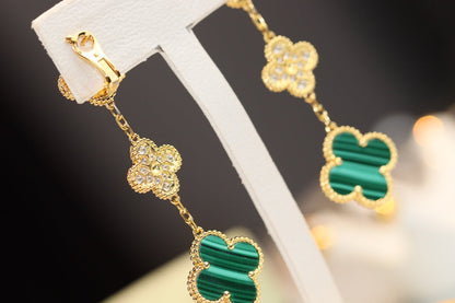 [BloomBling]CLOVER EARRINGS GOLD MALACHITE DIAMOND 3 MOTIF