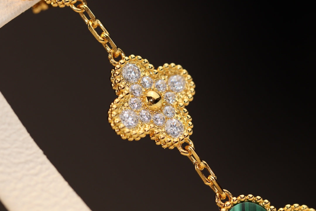 [BloomBling]CLOVER EARRINGS GOLD MALACHITE DIAMOND 3 MOTIF