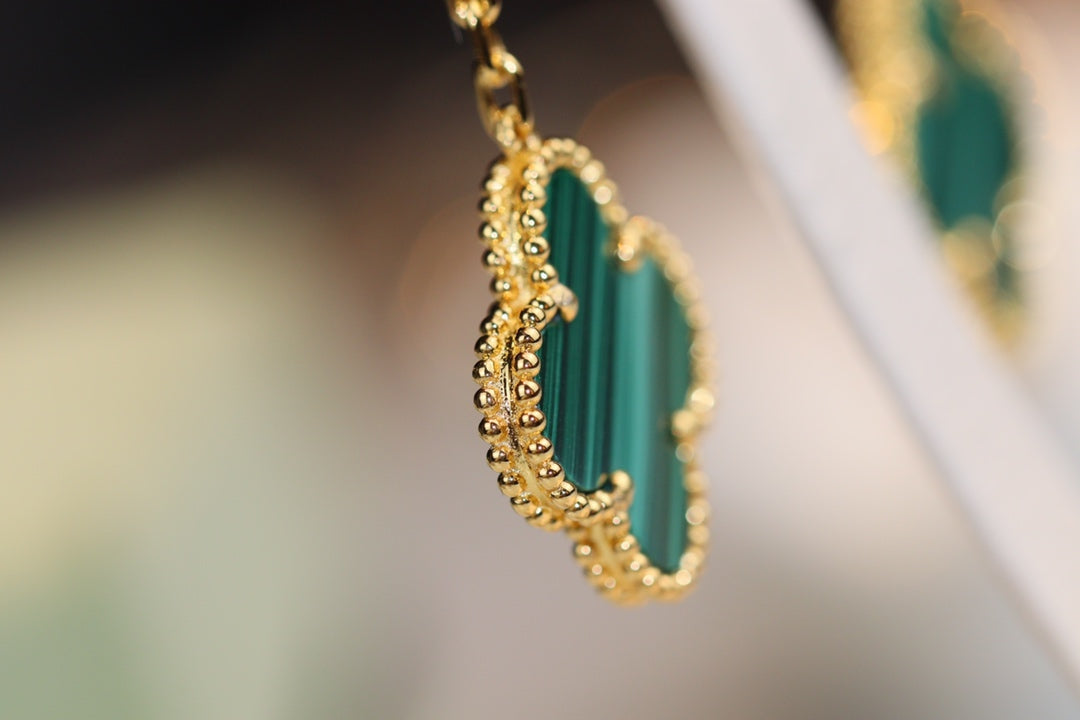 [BloomBling]CLOVER EARRINGS GOLD MALACHITE DIAMOND 3 MOTIF