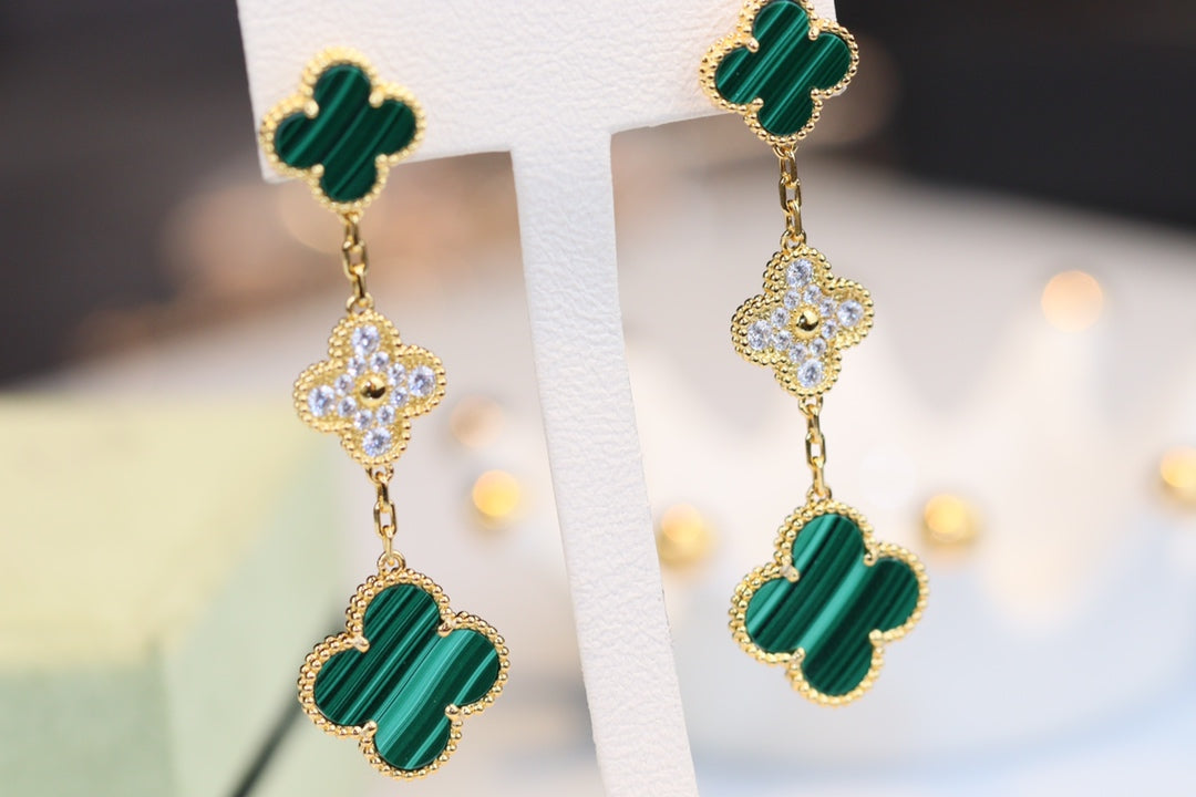 [BloomBling]CLOVER EARRINGS GOLD MALACHITE DIAMOND 3 MOTIF