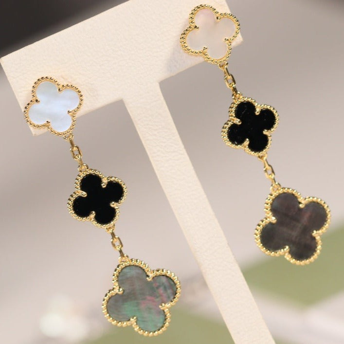 [BloomBling]CLOVER EARRINGS GOLD ONYX MOP 3 MOTIF