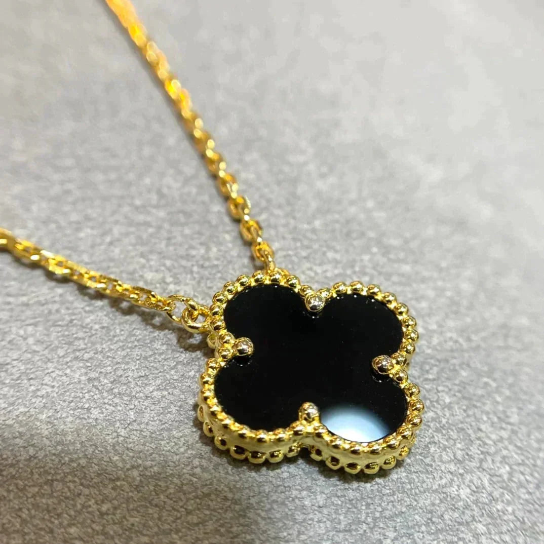 [BloomBling]CLOVER 15MM BLACK ONYX SINGLE FLOWER NECKLACE