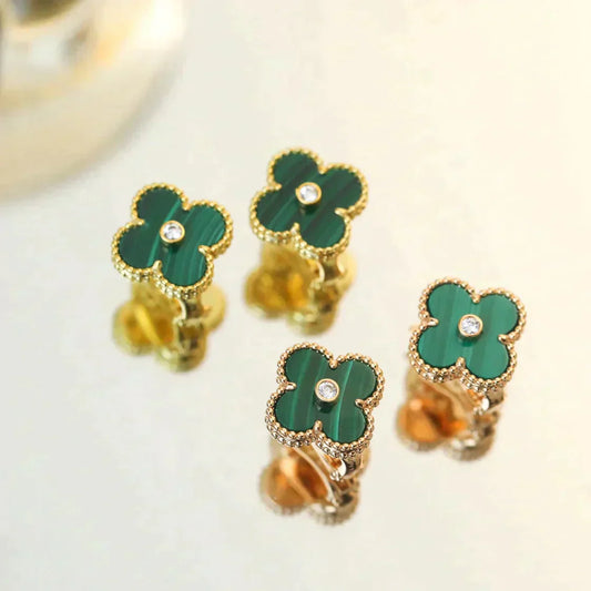 [BloomBling]CLOVER MEDIUM 1 MOTIFS MALACHITE DIAMOND EARRINGS