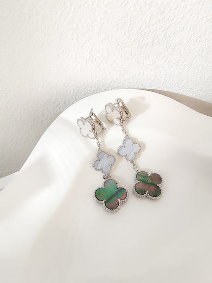 [BloomBling]CLOVER 3 MOTIFS CHALCEDONY DARK MOP SILVER EARRINGS
