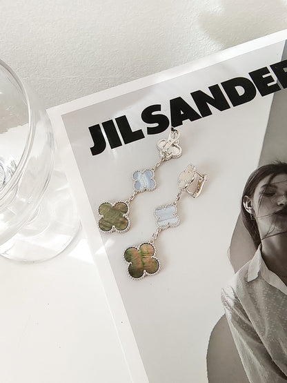 [BloomBling]CLOVER 3 MOTIFS CHALCEDONY DARK MOP SILVER EARRINGS