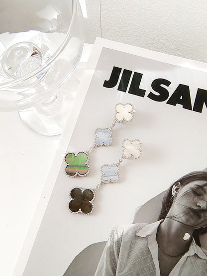 [BloomBling]CLOVER 3 MOTIFS CHALCEDONY DARK MOP SILVER EARRINGS