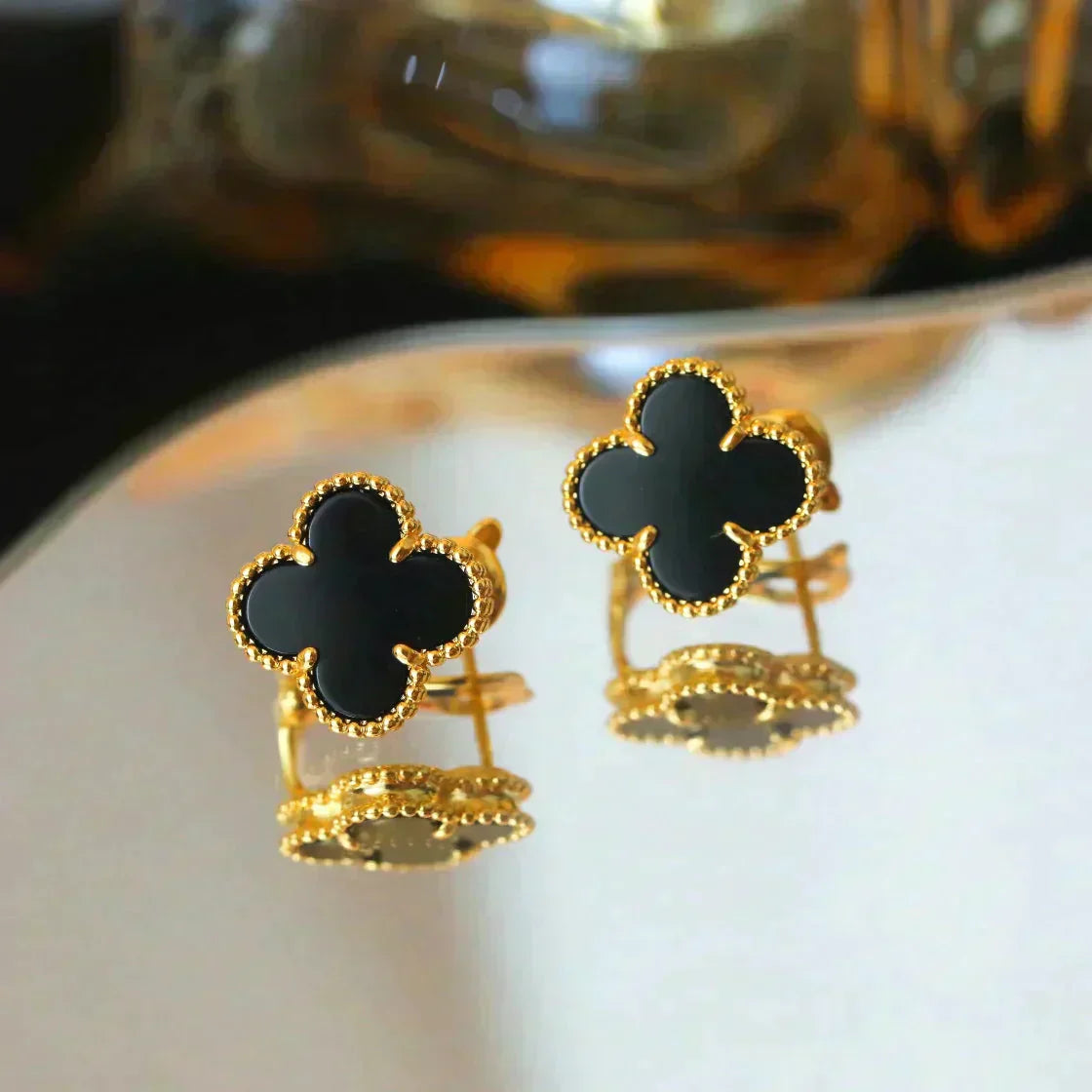 [BloomBling]CLOVER MEDIUM 1 MOTIFS  ONYX STUD EARRINGS