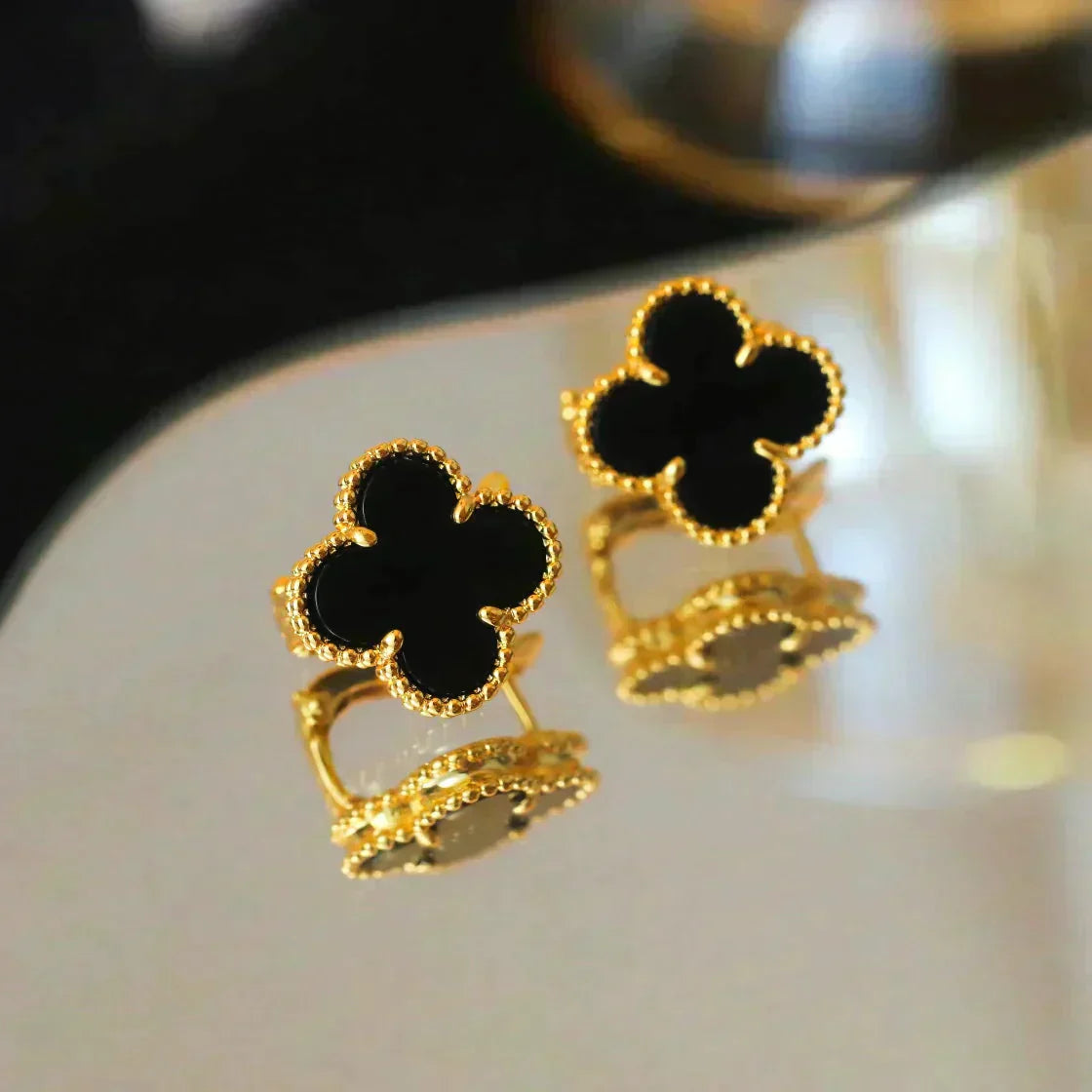[BloomBling]CLOVER MEDIUM 1 MOTIFS  ONYX STUD EARRINGS