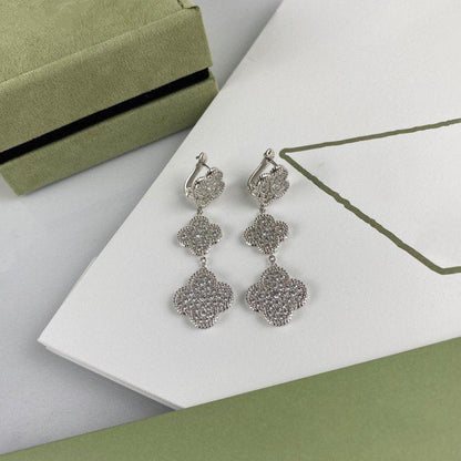 [BloomBling]CLOVER 3 MOTIF DIAMOND SILVER DROP EARRINGS
