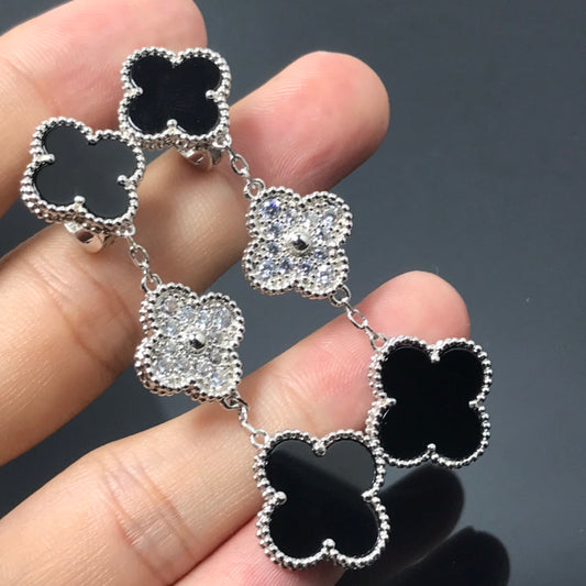 [BloomBling]CLOVER 3 MOTIF DIAMOND ONYX SILVER EARRINGS