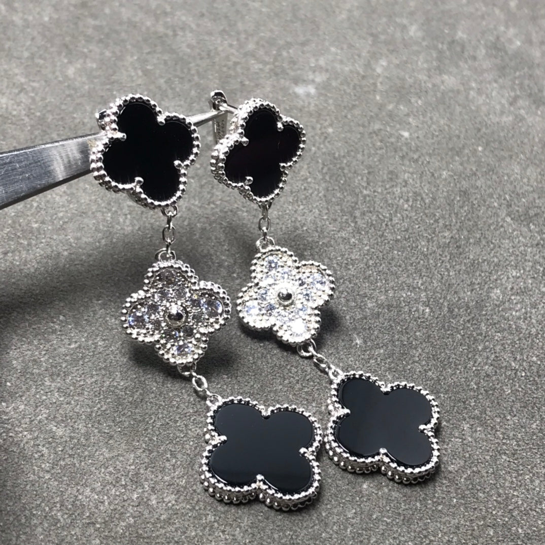 [BloomBling]CLOVER 3 MOTIF DIAMOND ONYX SILVER EARRINGS