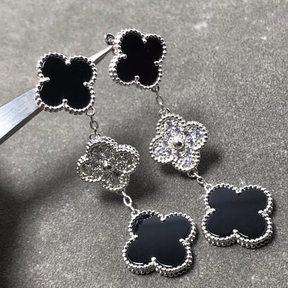 [BloomBling]CLOVER 3 MOTIF DIAMOND ONYX SILVER EARRINGS