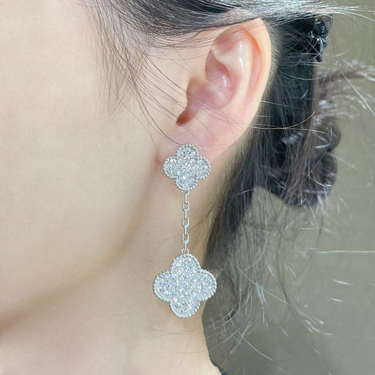 [BloomBling]CLOVER 2 MOTIFS DIAMOND PAVED SILVER EARRINGS