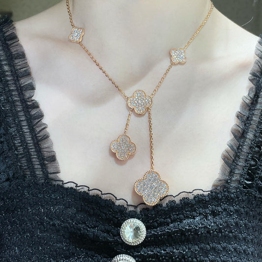 [BloomBling]CLOVER 6 MOTIF DIAMOND PAVED NECKLACE
