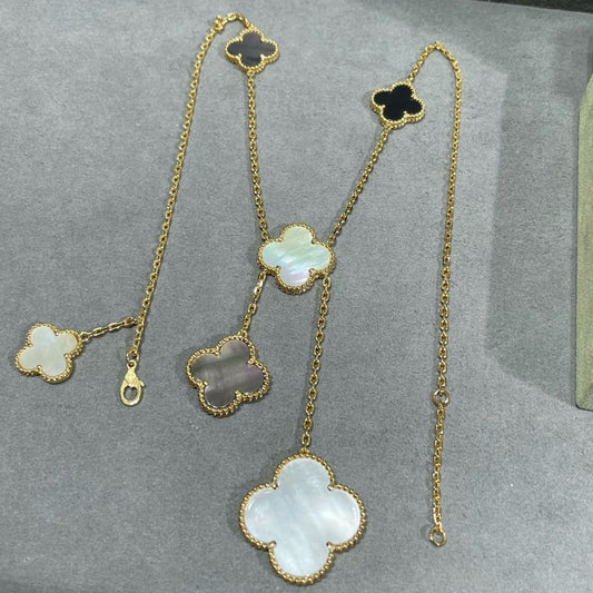 [BloomBling]CLOVER 6 MOTIF MOP ONYX GOLD NECKLACE