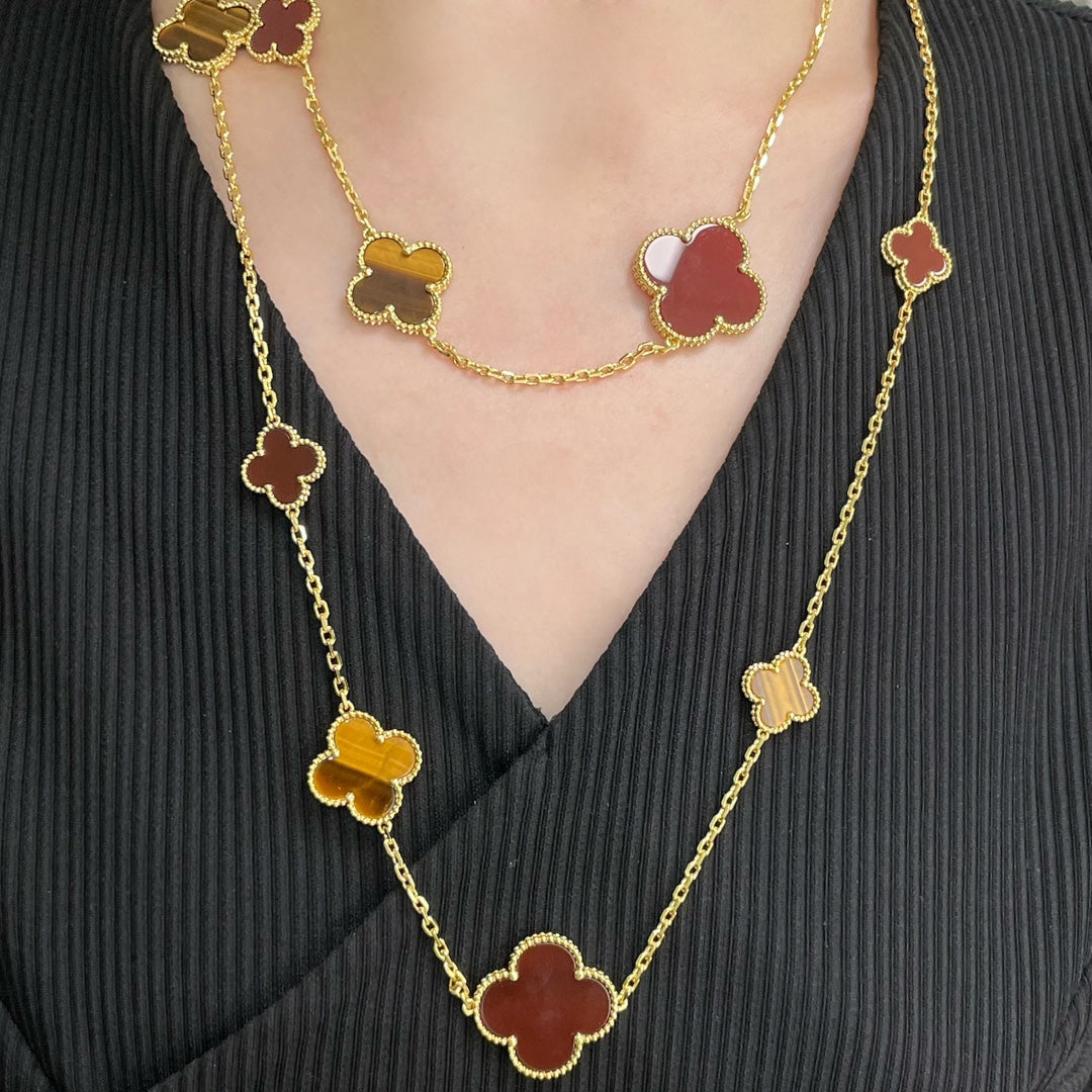 [BloomBling]CLOVER 16 MOTIF CARNELIAN TIGER EYE ROSE GOLD NECKLACE