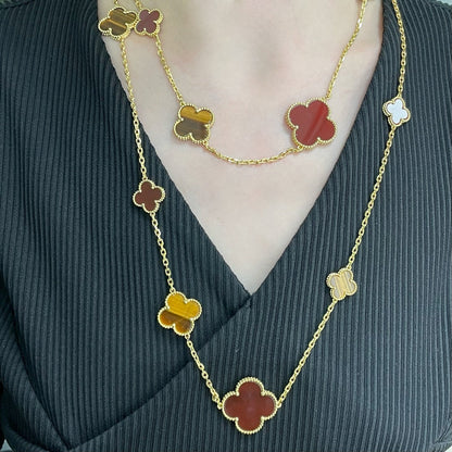 [BloomBling]CLOVER 16 MOTIF CARNELIAN TIGER EYE ROSE GOLD NECKLACE
