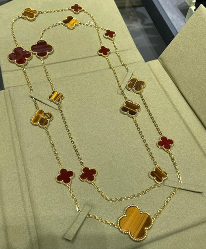 [BloomBling]CLOVER 16 MOTIF CARNELIAN TIGER EYE ROSE GOLD NECKLACE