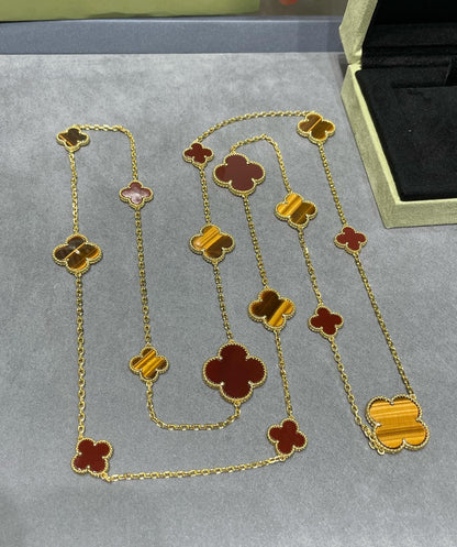 [BloomBling]CLOVER 16 MOTIF CARNELIAN TIGER EYE ROSE GOLD NECKLACE