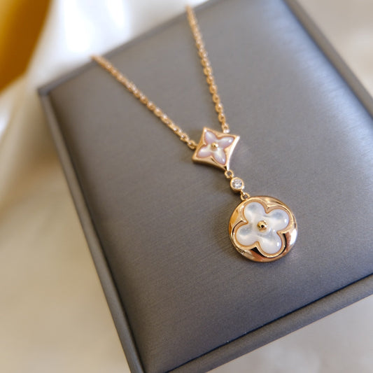 [BloomBling]STAR AND SUN WHITE MOP 2 MOTIF PINK GOLD NECKLACE