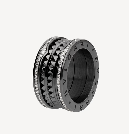 [BloomBling]ZERO 1 ROCK FOUR-BAND BLACK CERAMIC WITH STUDDED SPIRAL AND PAVED DIAMONDS RING