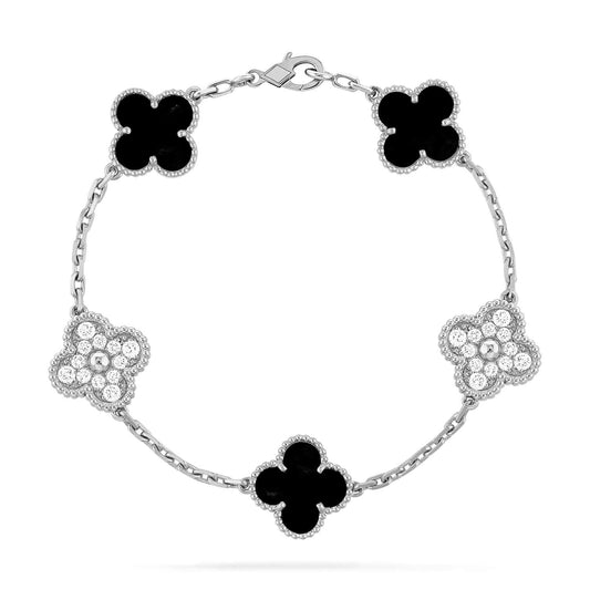 [BloomBling]CLOVER 5 MOTIF ONYXS DIAMOND BRACELET SILVER