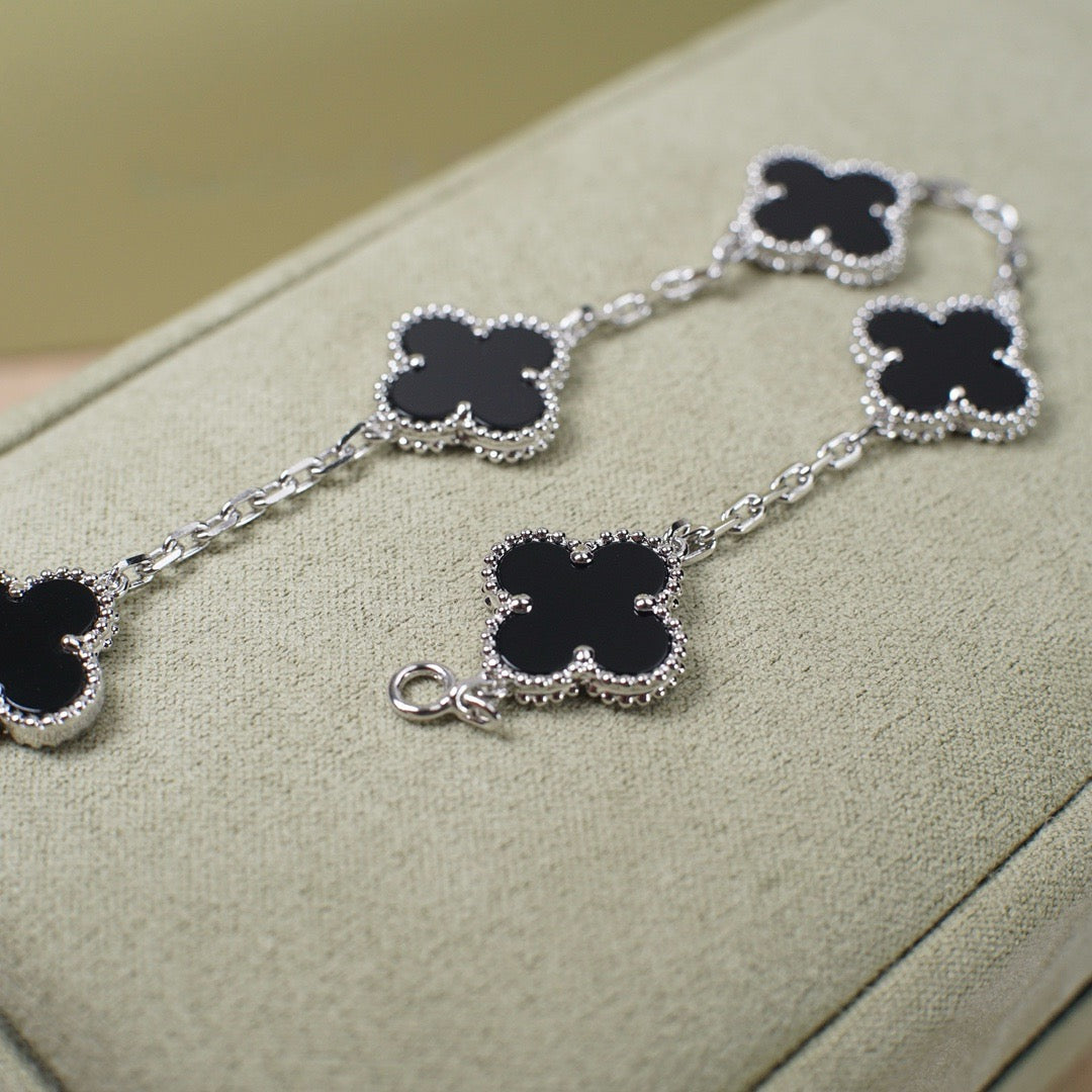 [BloomBling]CLOVER 5 MOTIF ONYXS  BRACELET SILVER