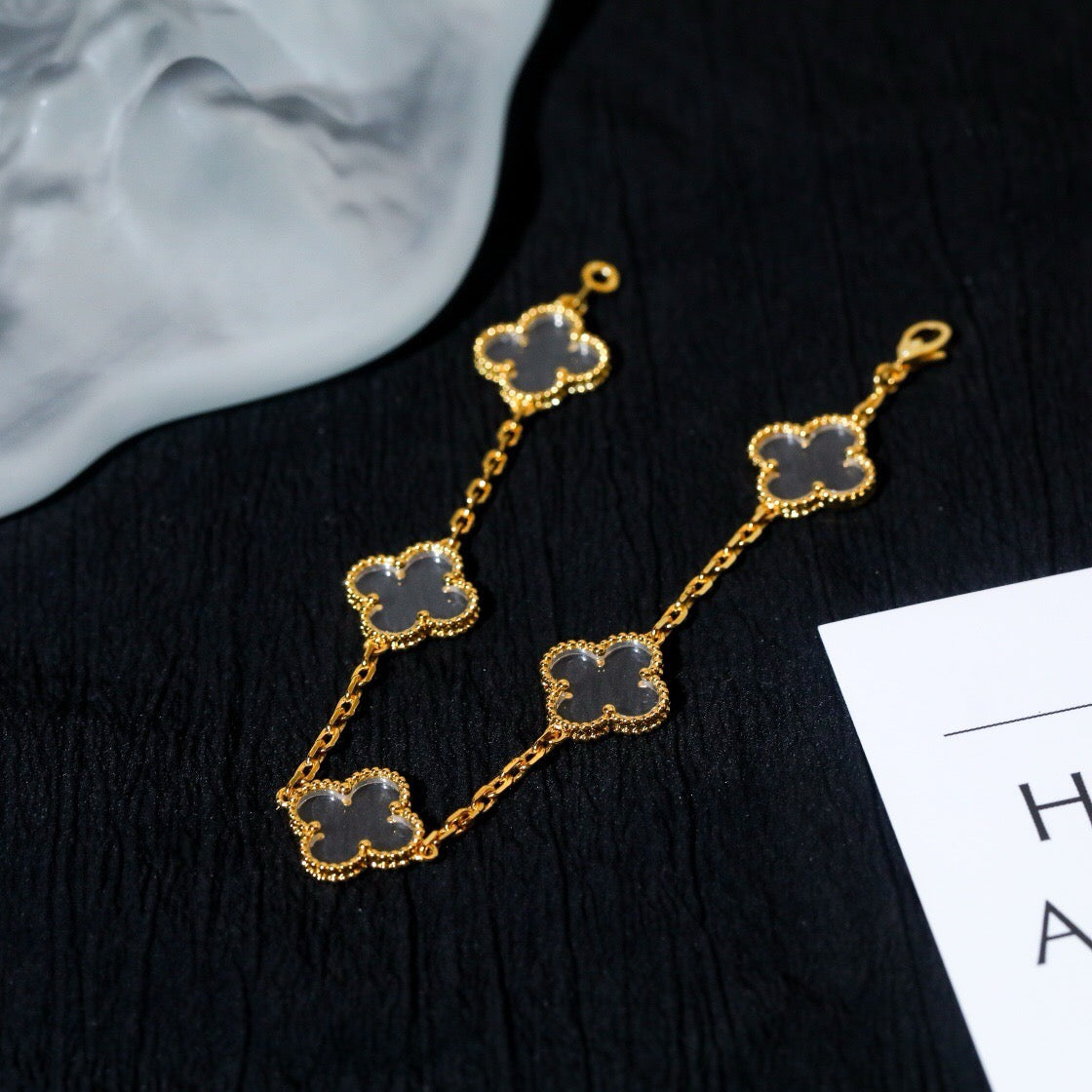 [BloomBling]CLOVER 5 MOTIF ROCK CRYSTAL PINK GOLD BRACELET