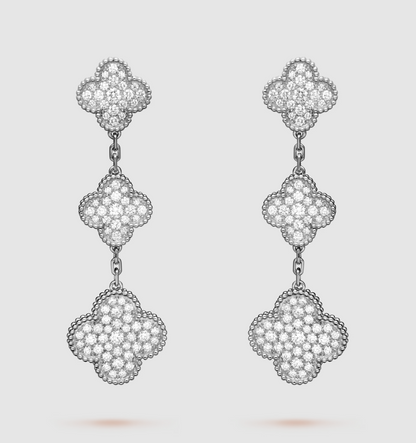 [BloomBling]CLOVER 3 MOTIF DIAMOND SILVER DROP EARRINGS