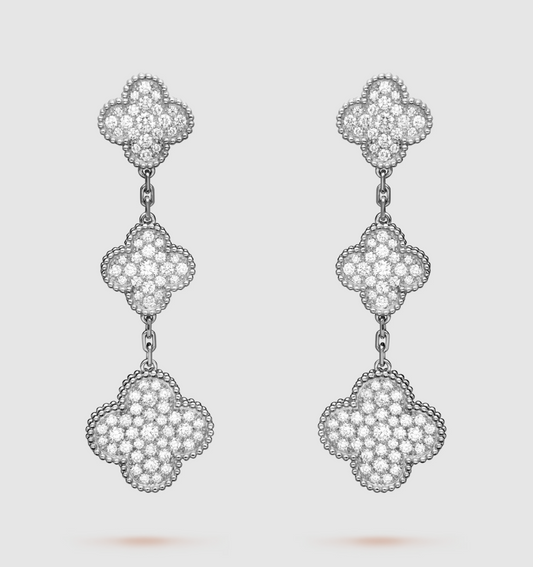 [BloomBling]CLOVER 3 MOTIF DIAMOND SILVER DROP EARRINGS