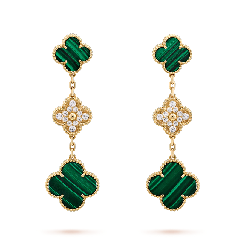 [BloomBling]CLOVER EARRINGS GOLD MALACHITE DIAMOND 3 MOTIF