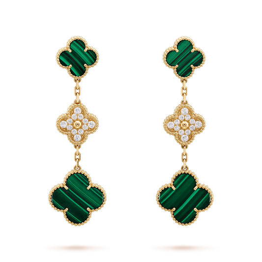[BloomBling]CLOVER EARRINGS GOLD MALACHITE DIAMOND 3 MOTIF