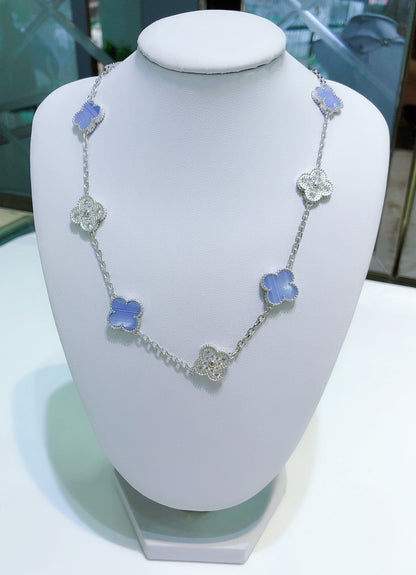 [BloomBling]CLOVER 10 MOTIFS CHALCEDONY DIAMONDS SILVER NECKLACE