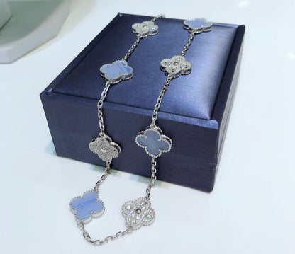 [BloomBling]CLOVER 10 MOTIFS CHALCEDONY DIAMONDS SILVER NECKLACE