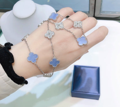 [BloomBling]CLOVER 10 MOTIFS CHALCEDONY DIAMONDS SILVER NECKLACE